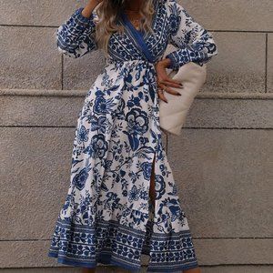 BLUE & WHITE FLORAL PRINT SPLIT THIGH DRESS TRENDING SUMMER BOHO CHIC
